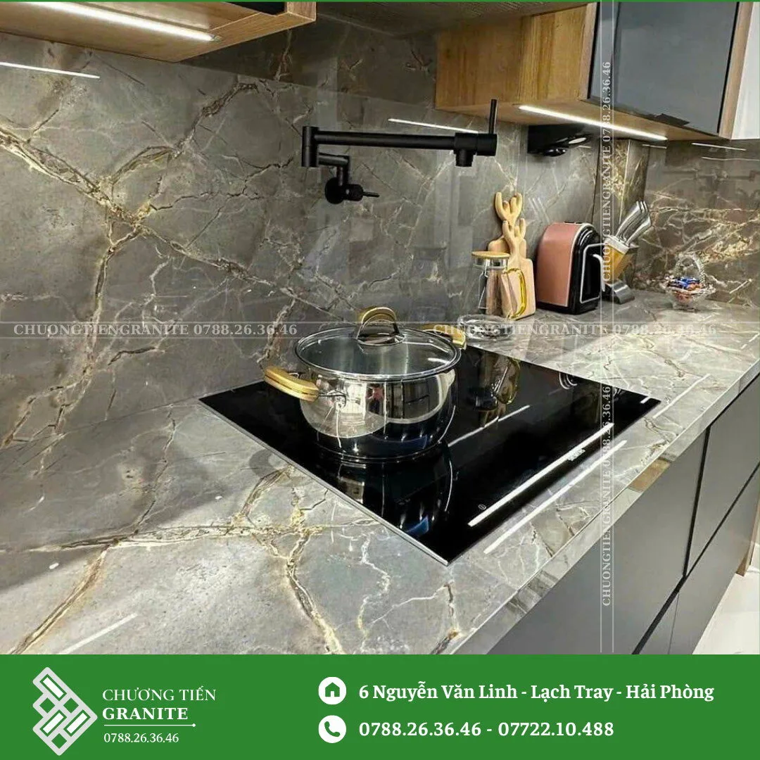 Đá Sứ Granite Ghi Xám Vân Vàng Ốp Bàn Bếp